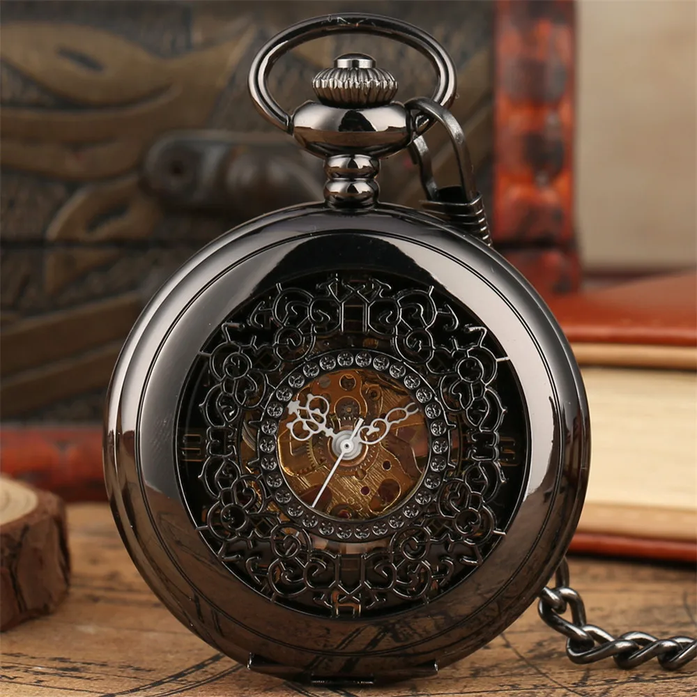 Silver/Black Elegant Hollow Pattern Mechanical Hand Winding Pocket Watch Arabic Numerals Display Skeleton Manual Mechanism Clock