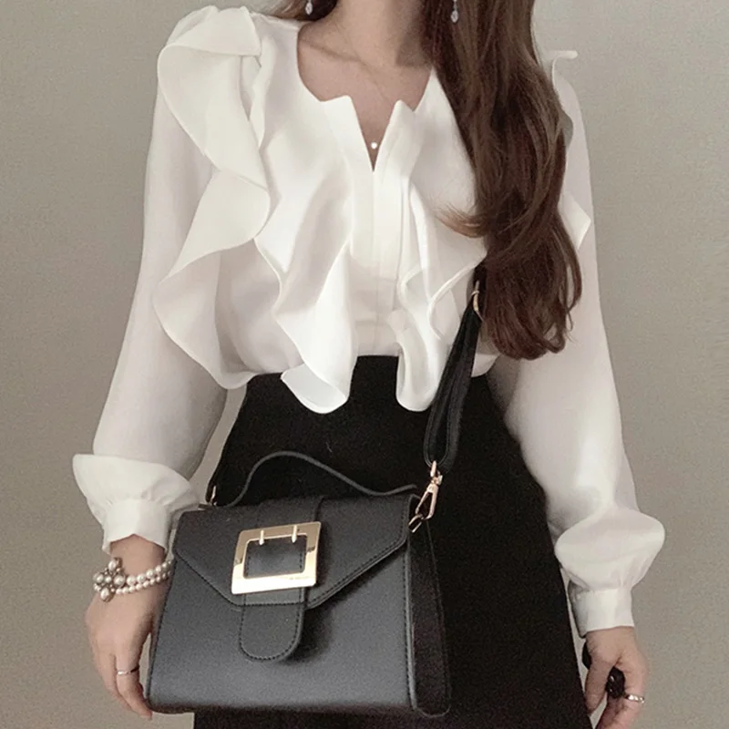 

2021Women's Autumn Blouse Fashion All-match V-neck Double-layer Ruffled Stitching Loose Puff Sleeve Shirts Female Tops C048