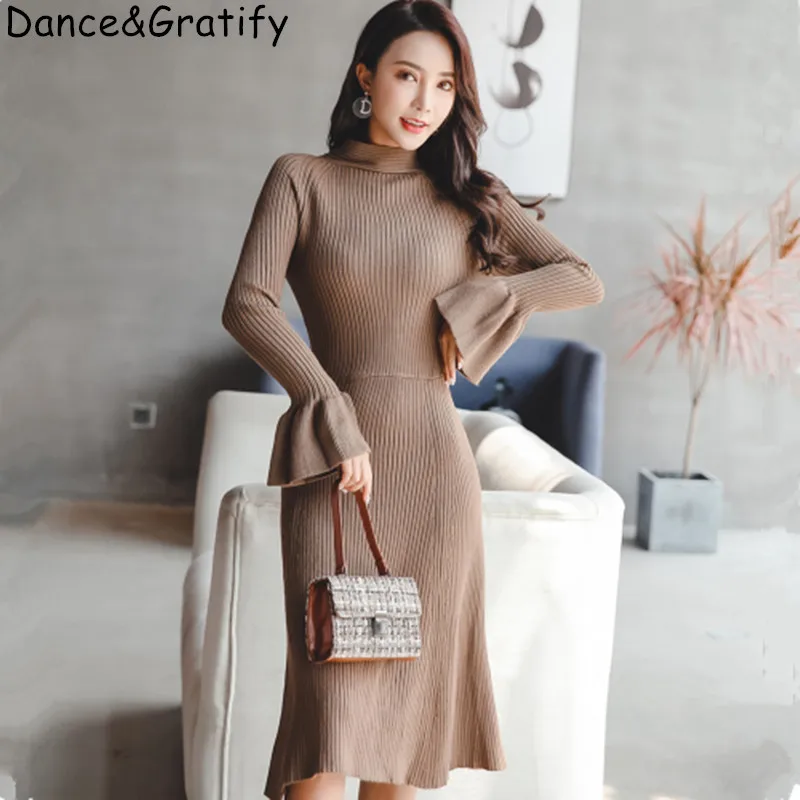 Высококачественное Женское зимнее осеннее модное вязаное платье свитер с
