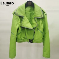 lautaro autumn short green soft faux leather biker jacket women long sleeve zipper belt designer european and american fashion