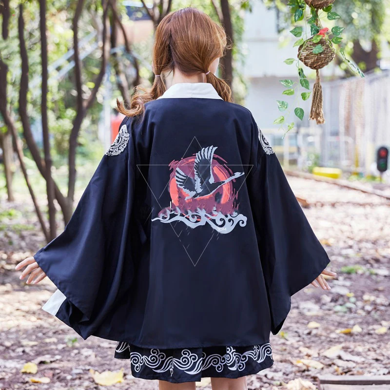 One Black Haori Самурайский журавль, Kaiwaii, для девочек, юката, готическое платье для женщин, японский стиль, фестиваль сакуры, хаори, кимоно, полный короткий рукав - Цвет: One Black Haori