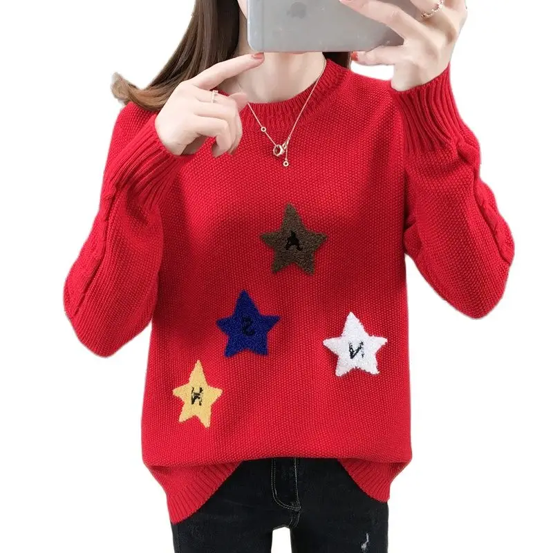 

Год судьбы красный свитер с круглым вырезом свободная верхняя одежда 2021 новый стиль базовое нижнее белье с длинным рукавом Топы в западном стиле