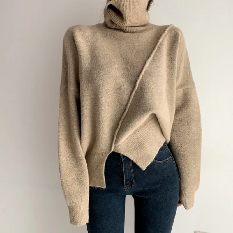 

New 2021 Women Autumn Winter Sweaters Knitted Vintage Fashionable Split Oversized Turtleneck Elegant Tops