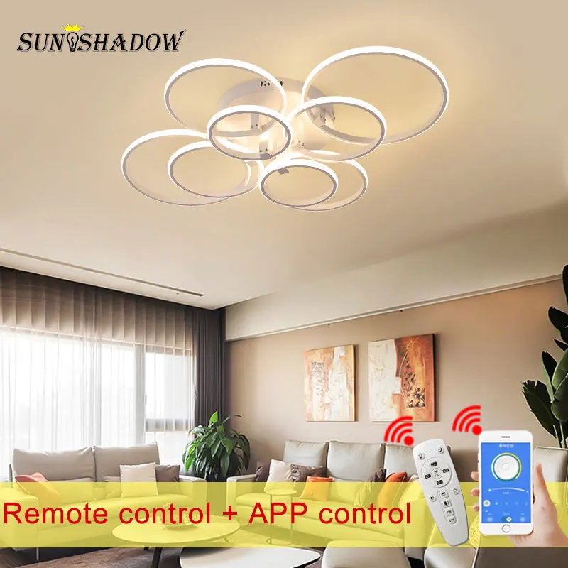 Lámpara Led de techo moderna para sala de estar, comedor, dormitorio, mando a distancia con aplicación regulable, 110V, 220V, círculos, blanco y negro