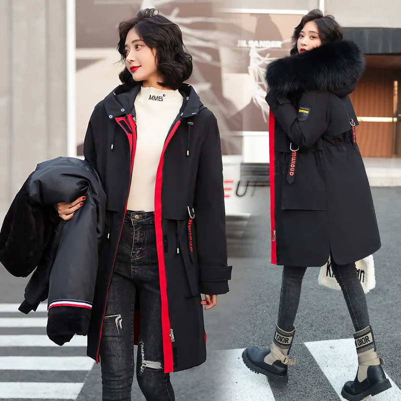 Korean Version Of Fashion 2022 New Style Pie Overcoming Coat Female Long Plus Velvet Liner Big Fur Collar Cotton Jacket