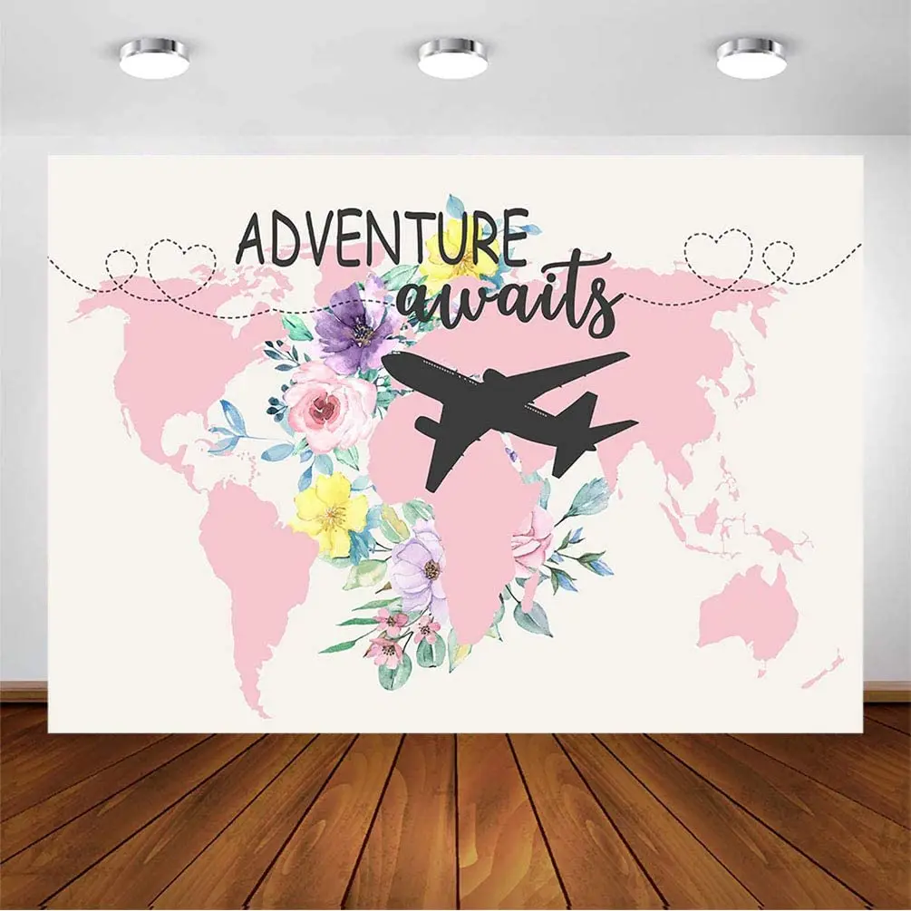 Oh The Places You'll Go Backdrop Adventure Awaits Bridal Shower Photography Background 7x5ft Vinyl World Map Airplane Party