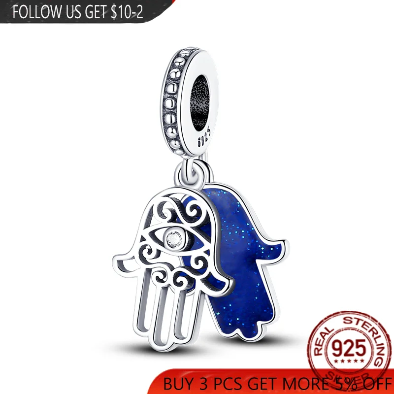 

2021 NEW 100% 925 Sterling Silver Blue Enamel Palm Eye Beads Charms Fit Pandora Bracelet Bangle Making Women DIY Jewellry Gift