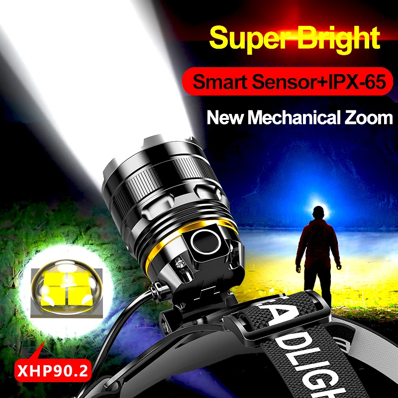 1000000LM LED Headlamp Sensor XHP90.2 Headlight with Built-in Battery Flashlight USB Rechargeable Head Lamp Torch Light Lantern