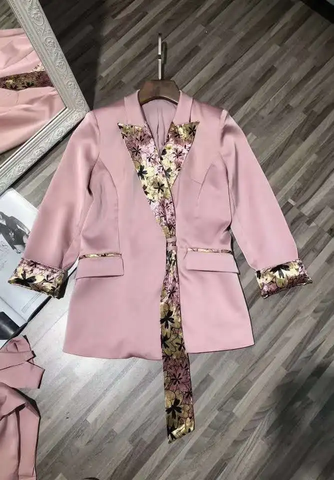 

High Quality Blazer Sets 2020 Autumn Style Clothing Suit Women Vintage Print Patchwork Blazer Suits+Pink Black Pant Sets Female