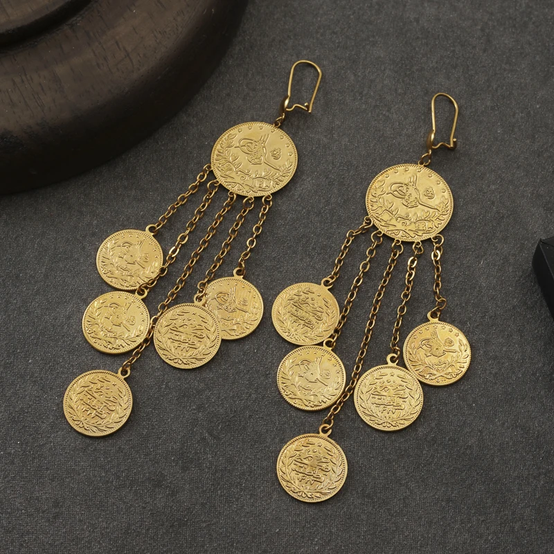 

French Hook Circular Gold Fashion Earrings Islamic Muslim Ancient Coin Earrings Golden Turkish Women Totem Ring Earrings Set