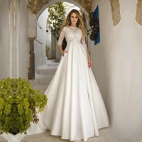 34 sleeves satin wedding dresses a line lace appliques bridal wedding gowns pockets vestido de noiva back button floor length