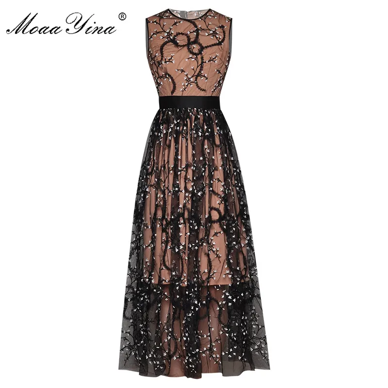 MoaaYina модное дизайнерское платье весна лето женское без рукавов цветы сетка