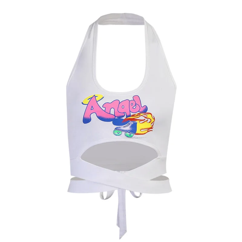 

White Sexy Bandage Halter Crop Tops For Women Graphic Tank Tops Sleeveless Backless Club Party Chic Top Skinny Streetwear