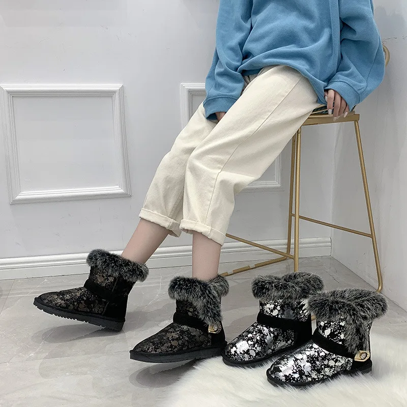 

Winter New Women's Boots Sequins Snow Boots Women Warm Thick Bottom Boots Plus Velvet Cotton Shoes Large Size Women Shoes 35-43