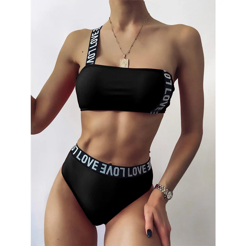 

Women's Sports Style 2Pcs Bikini Set One Strap Bustier Tops with High Waist Triangle Bottoms Patchwork Print Swimwear