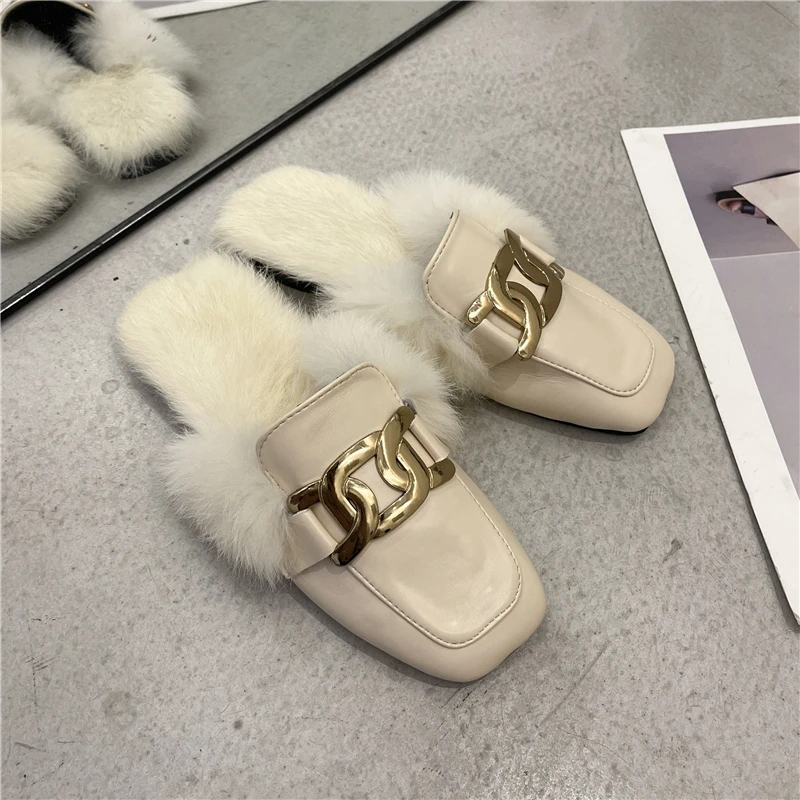 

Metal Chain Fluffy Fur Slippers Shoes Woman Plush Slip on Flip Flop Furry Fur Slides Outdoor Sandals Woman Flats Bigs Size 35-42