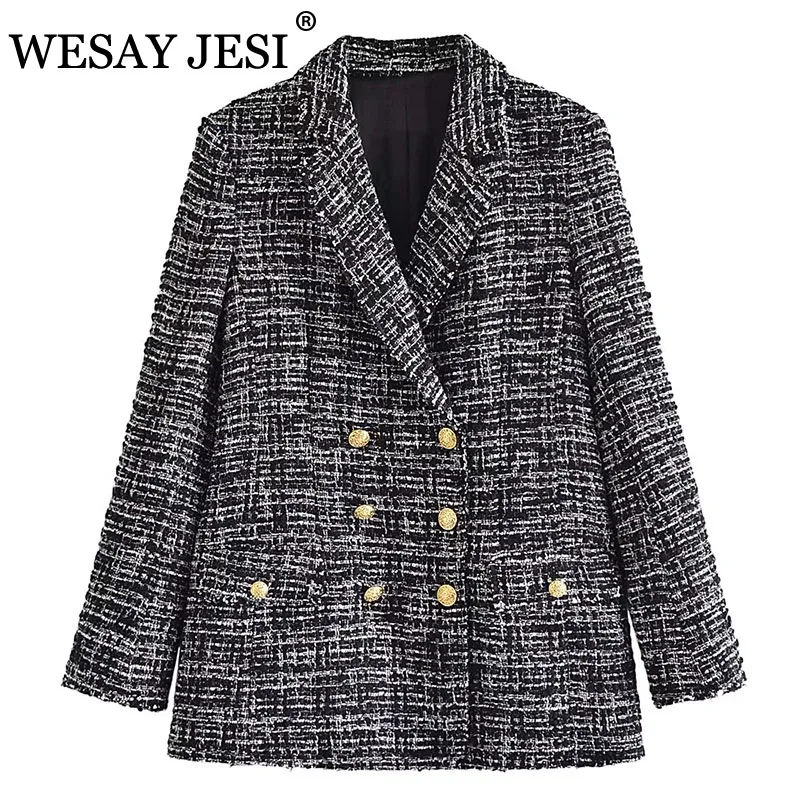 

WESAY JESI ZA Fashion Women's Jacket Black Texture Exquisite Buttons Notched Blazer Elegant Chic Office Lady Pocket Loose Tops