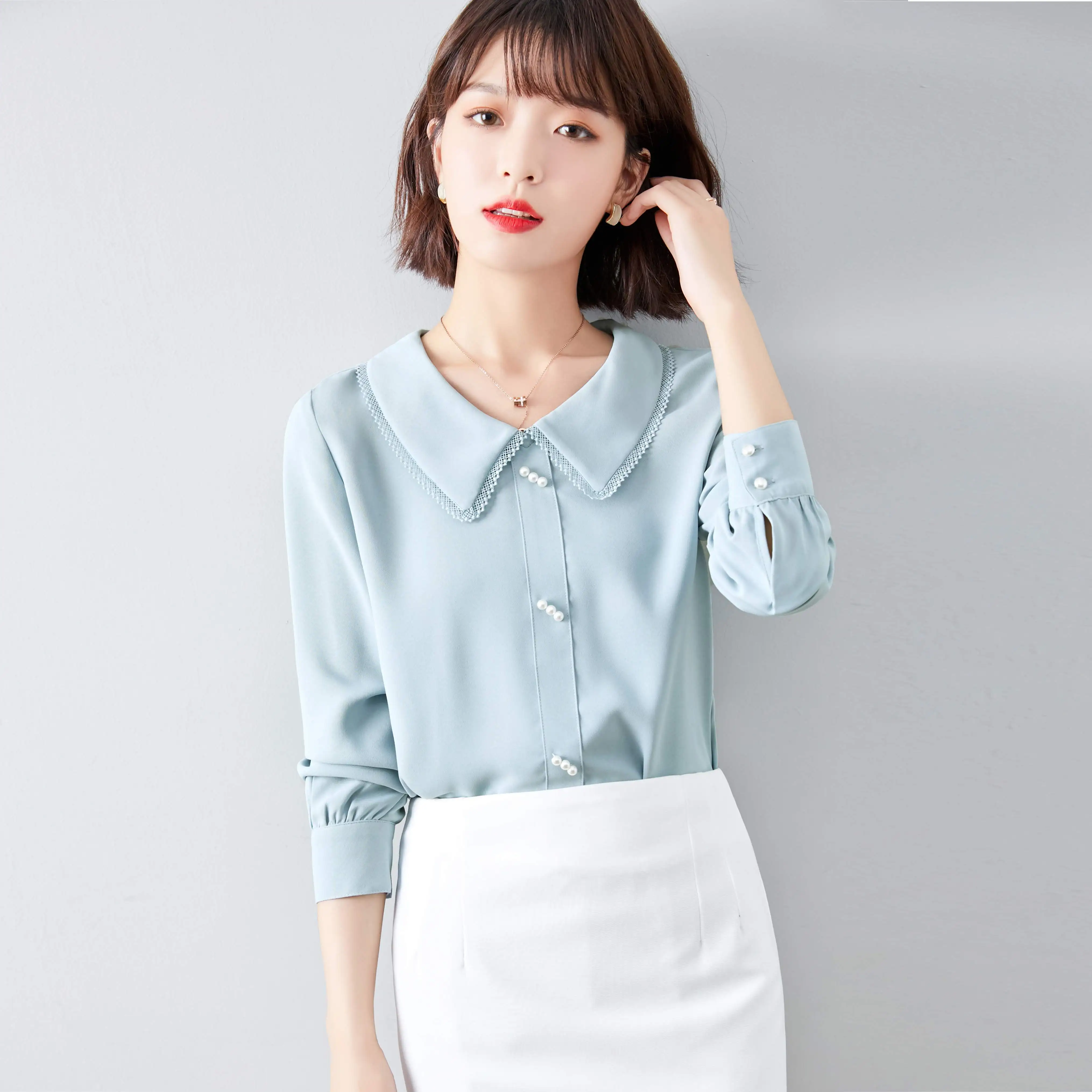 

COIGARSAM Fashion Full Sleeve Shirt Womens tops New French Style Chiffon Peter pan Collar Women shirts Blue 1051