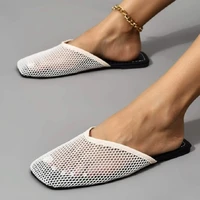 womens slippers 2022 new square head mesh hollow sandals womens muller slippers flat bottomed large size womens lazy slippers