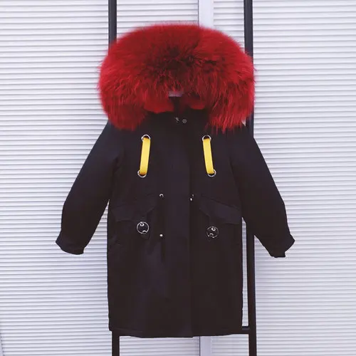 Black Red Новинка года, парки с натуральным мехом для мальчиков и девочек зимняя детская куртка Xlong пальто с капюшоном из натурального меха енота Съемная подкладка из кроличьего меха - Цвет: Black Red