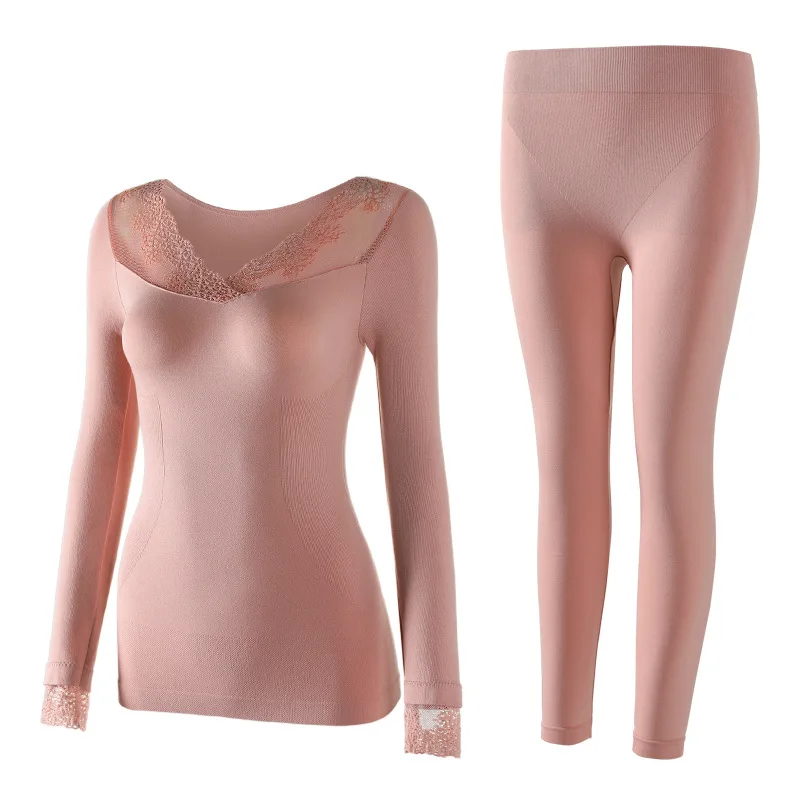 

2020 women's thermal underwear sexy lace autumn winter beauty underwear slim fitting low V-neck 2-piece set
