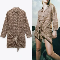 za 2021 print knotted mini dresses women long sleeve button up vintage summer dress female chic layered pareo tied beach dress