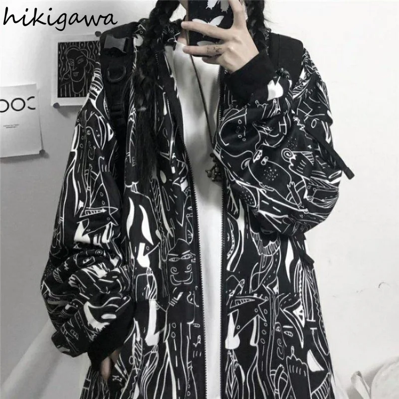 

Hikigawa Harajuku Women Hoodies Cartoon Printing Zipper Up Loose Sweatshirt Japanese Korean Style Student Hip Hop Coat Female