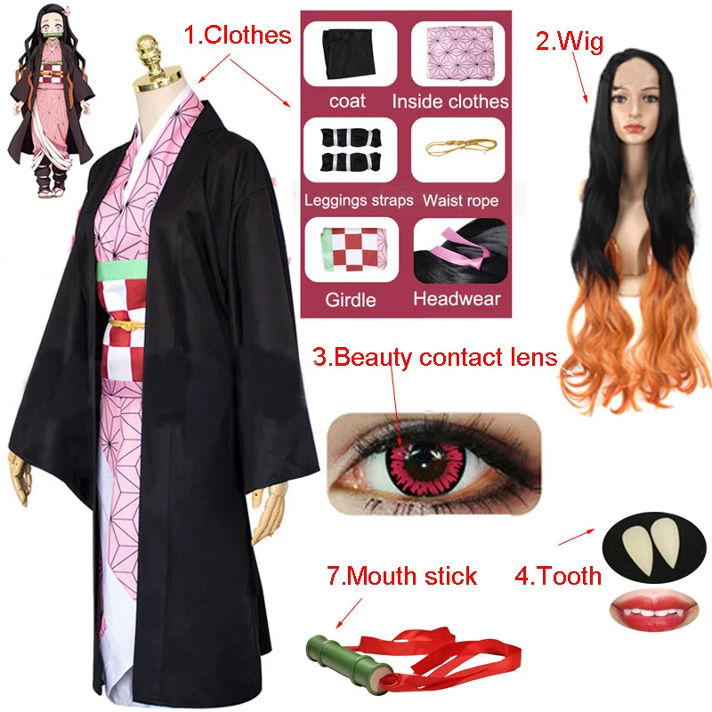 

Anime Demon Slayer Kimetsu no Yaiba Kamado Nezuko Full Cosplay Including Shoes Wig Tooth Mouth Stick Adult Woman Cosplay Costume