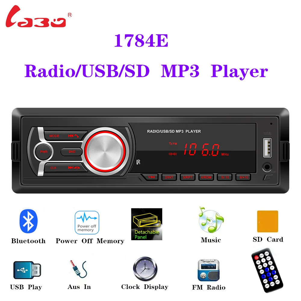 

Car Stereo MP3 Player USB FM AUX Radio Receiver Head Unit 1784E Detachable Panel radio player