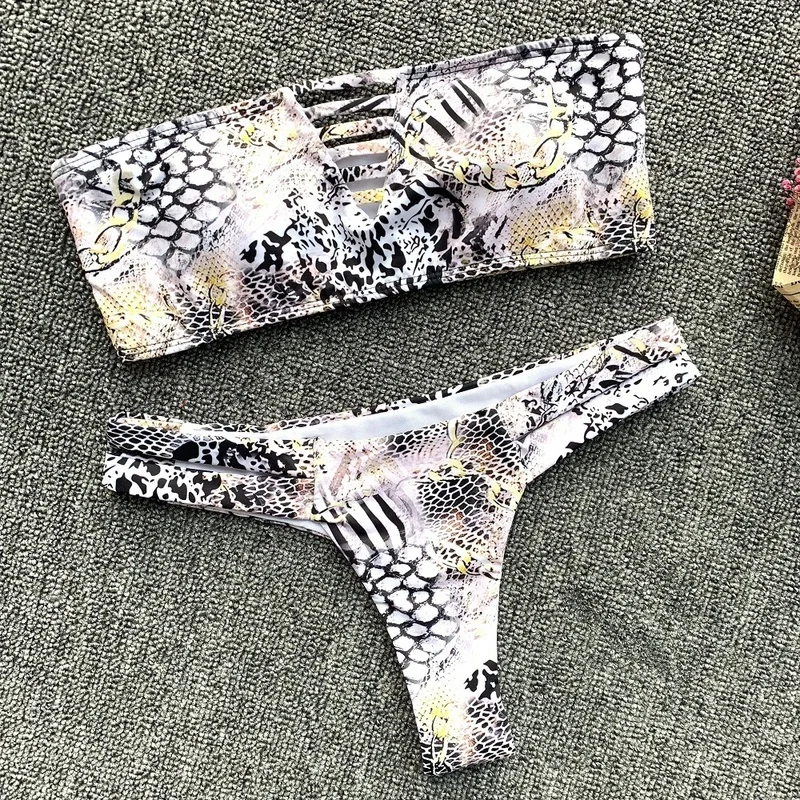 

2021 New White Solid Color Bikini Snake Pattern Split Swimsuit Ladies Sexy Swimwear Thong Bikini Two-Piece Suits Beach Wear