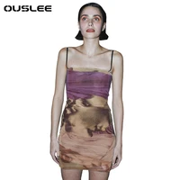 ouslee midi dress for women basic aesthetic print mesh strap see through sexy midnight party clubwear mini bodycon dresses y2k