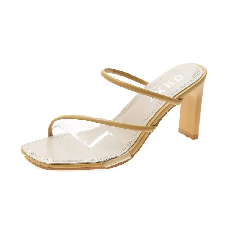 

Transparent Slippers Female Shoes Square heel Slides Women Heels Low Fashion 2021 Block High Luxury Rubber Basic Rome Round Toe
