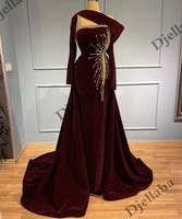red wine boat neck long sleeve dress velour crystal beading mermaid evening gown detachable train for woman luxury prom dresses