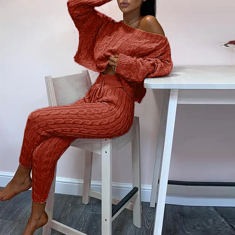 

Women Autumn Winter Knitted Two Pieces Outfit Long Sleeve Sweater Tops Pants Women's Sets Female Sets