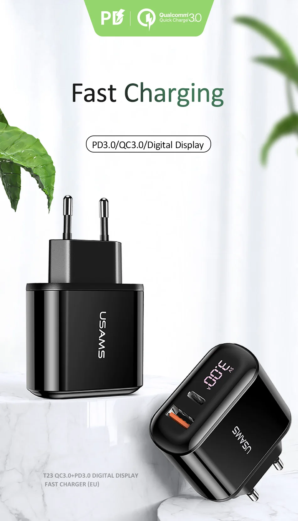 USAMS Quick Charge 3,0 USB зарядное устройство светодиодный дисплей 18 Вт QC3.0 PD 3,0 быстрое зарядное устройство для iPhone iPad Pro двойные порты, для мобильных телефонов зарядное устройство
