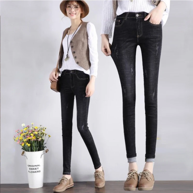

Women Spring Autumn Jeans Female Slim Full Length Pencil Pants Femme Office Lady High Waist Jeans Trouser Clothing KK0101