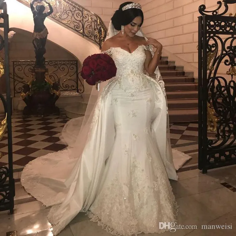 

Elegant Beaded Lace Wedding Dresses With Detachable Train Off Shoulder Mermaid Bridal Gowns Applique Ivory Satin Wedding Dress