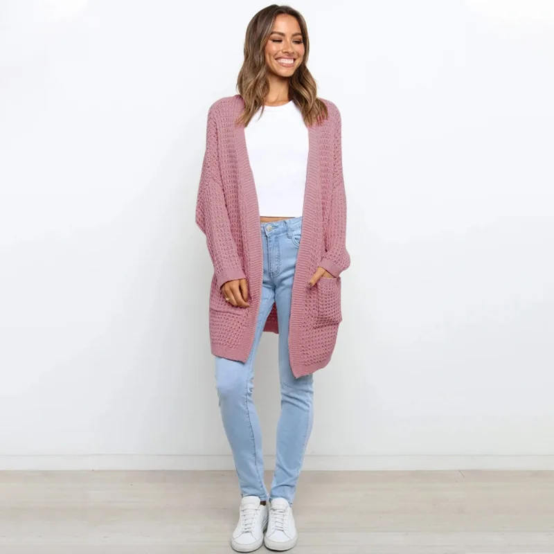 

Fall Winter 2021 New Mediumn Long Solid Color All Match Chic Sweater Women Oversized Long Sleeved Knitted Cardigan Female