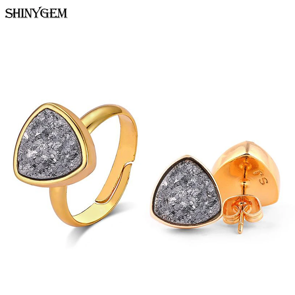 ShinyGem New Triangle Mineral Crystal Earrings Ring Party Jewelry Set Golden Sparkling Druzy Natural Stone For Women | Украшения и