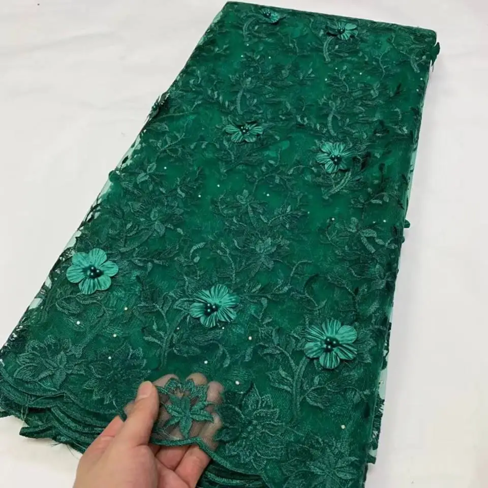 

5Yards/Lot Elegant Teal French Net Lace Fabric Pink Embroidery Match Crystal And Beads African Mesh For Party Dressing OL24