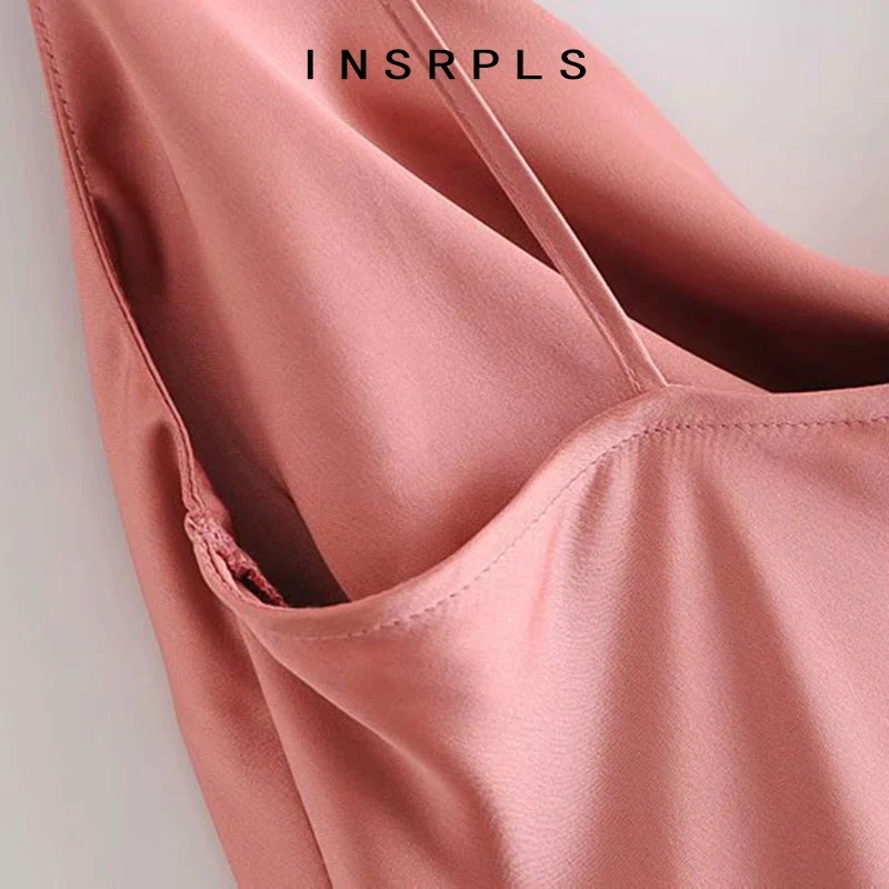 

INSPRLS Women Chic Fashion Decorative Buttons Camisole Midi Dress Vintage Backless Thin Straps Slit Female Dresses Mujer