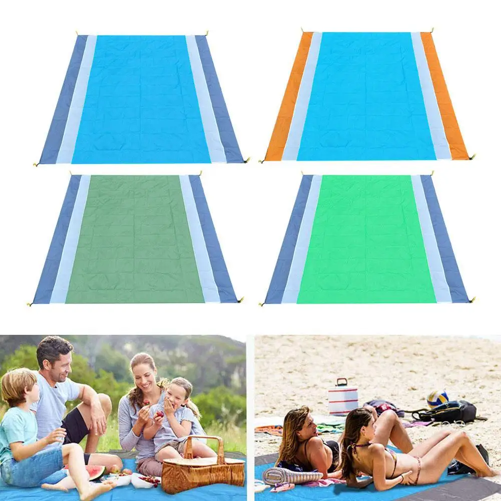 

210x200cm Color Block Waterproof Outdoor Foldable Picnic Camping Tent Mat Tablecloth Sunshade Beach Blanket With Stakes