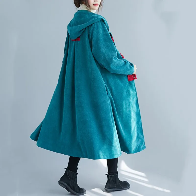 Вельветовое пальто размера плюс, винтажное, с капюшоном, женское, повседневное, свободное, длинное, Осень-зима, Женский Тренч, одежда