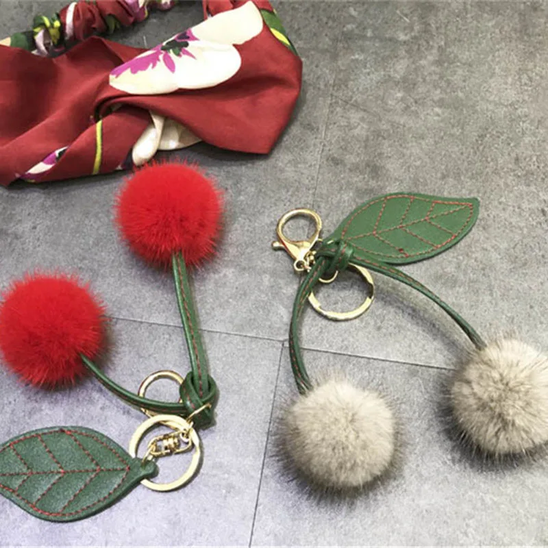 

New Handmade Mink Hair Cherry Bag Pendant Fur Plush Car Key Ring Creative New Products
