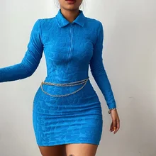 Mini robe à manches longues et col rabattu pour femmes, avec fermeture éclair, Slim, avec lettres, en Jacquard, motifs 3D, tenues de hanche, automne  (2)