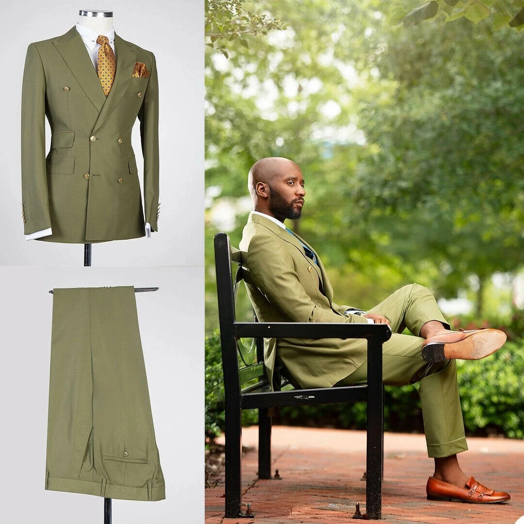 

Green Mens Suit With Gold Button Formal Wear Custom Groom Wedding Suit Slim Fit Double Breasted Business Male Suit 2PC Coat+Pant