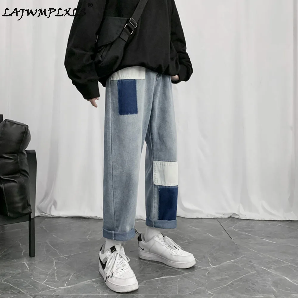 

Men Jeans Patchwork Trendy Panelled Loose Leisure Chic Males Denim Straight Punk All-match Retro Trousers Baggy Cowboy Students