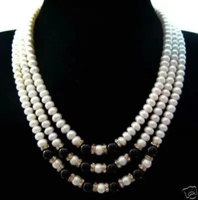 

7-8mm Junoesque 3row cultured pearl black jade necklace 18"-20"AAA