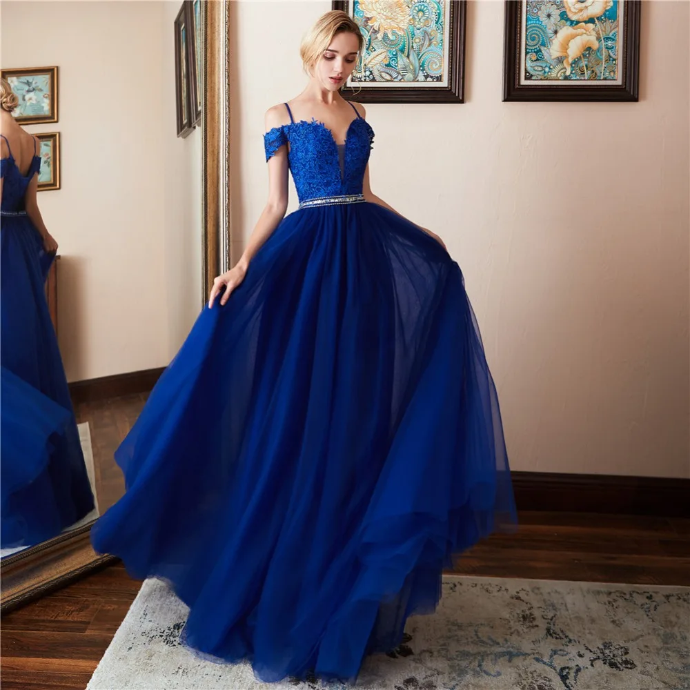 

Off the Shoulder Royal Blue Evening Dresses Lace Appliques A Line Women Party Gowns Floor Length Robe De Soiree