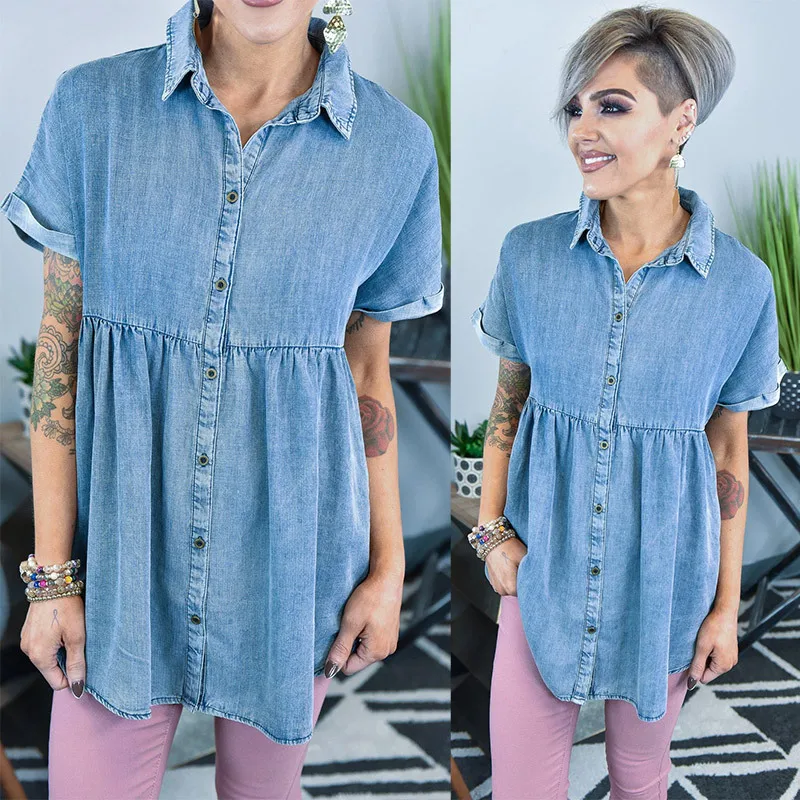 

Fashion Quality Summer Tops For Women Summer Short-Sleeved Lapel Light-Colored Washed Loose Casual Denim Dress женские топы